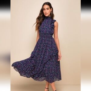 Navy Blue Floral Print Mock Neck Midi Dress Size M
